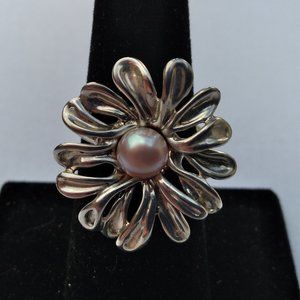 Sterling Silver Faux Pale Pink Pearl Flower Ring